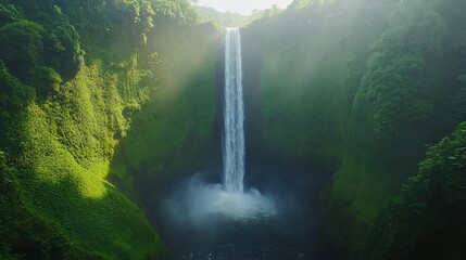 Sticker - Majestic waterfall cascading down lush green cliffs, sunlight illuminating mist.