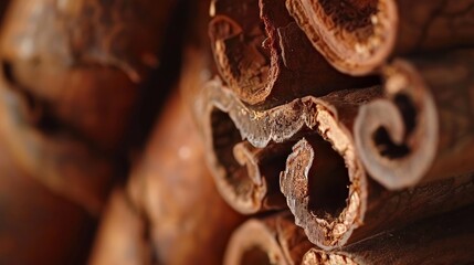 Stunning close up of true cinnamon bark  rich textures and patterns against rolled sticks