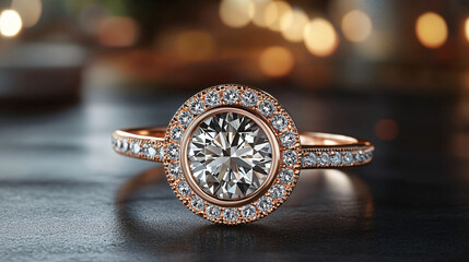 Poster - Rose gold engagement ring with large central diamond and smaller diamonds surrounding it, sparkling on a dark surface against a warm bokeh background