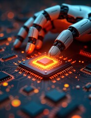 Leinwandbilder - Robotic hand interacts with computer processor. AI technology. Cybernetic arm activates CPU. Digital future. Close up view of circuit board. High tech innovation. Smart machine. Artificial