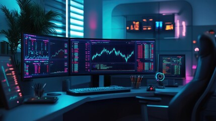 Fototapete - A modern trading desk with multiple screens displaying stock market data and analytics.