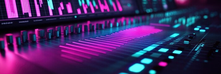 Aufkleber - A colorful audio mixing interface displaying sound levels and waveforms.