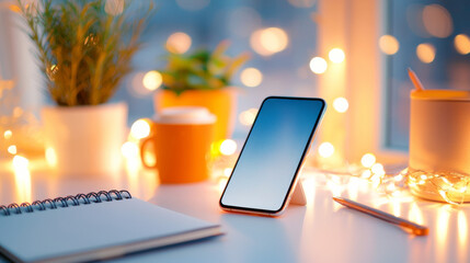 Wall Mural - Cozy Workspace: A smartphone with a blank screen sits on a desk adorned with a notebook, a pencil, a mug, and a potted plant, all bathed in warm, inviting light.