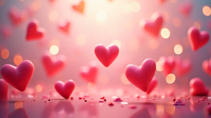 Wall Mural - Floating Pink Hearts on a Dreamy Bokeh Background for Romantic and Valentine's Day Themes