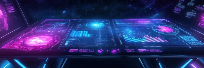 Fototapete - Futuristic interface displaying data and analytics in a cosmic environment.