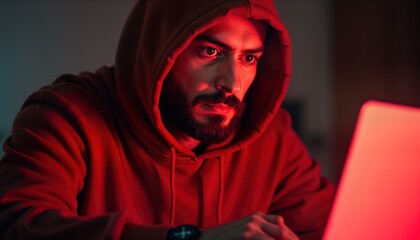 Poster - Hooded man uses laptop. Person in red hoodie reads fraudulent email. Hacker in dark room receives phishing message. Cybercrime alert. Digital threat. Internet security.