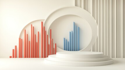 Aufkleber - A minimalist display featuring red and blue bar graphs on a circular podium.