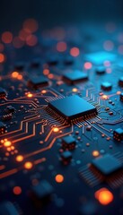 Fototapete - Closeup view circuit board glowing orange blue neon lights. Tech processor central unit. Digital data network signal transmission. Abstract tech background. Computer hardware system. Innovation
