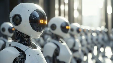Aufkleber - Group of uniform white robots lined up with glowing orange lights in a futuristic setting