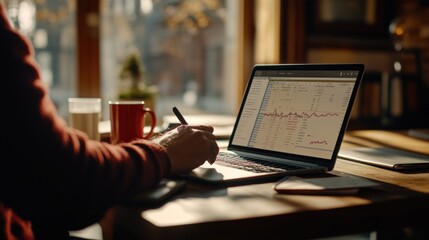 Poster - A person working on a laptop with financial data in a cozy, sunlit environment.