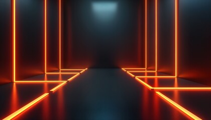 Poster - Empty dark room orange neon light lines. Futuristic tech hall glowing corridor. Abstract 3D render design. Bright space background. Black floor stage. Empty tunnel perspective. Modern illustration.