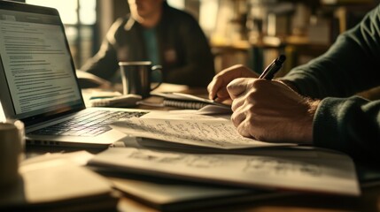 Poster - A person writing notes beside a laptop in a cozy workspace.