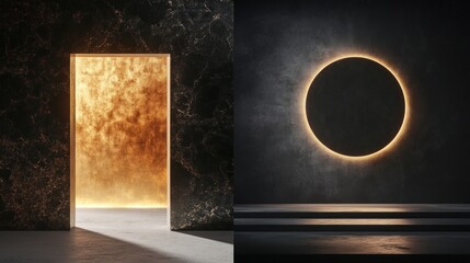 Aufkleber - A contrasting scene featuring a glowing doorway and a circular light against dark backgrounds.
