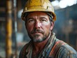 © Дмитрий Бабенко - Hardworking construction worker stands confidently in a bustling site while wearing a safety helmet and dirty work clothes