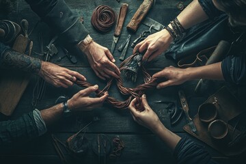Aufkleber - Hands collaborating on crafting leather goods using tools and materials on a wooden table.