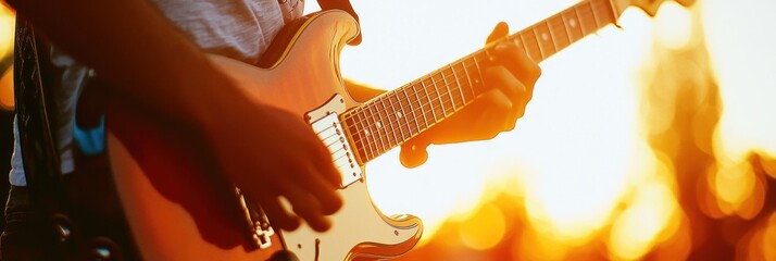 Poster - A close-up of a person playing an electric guitar during sunset.