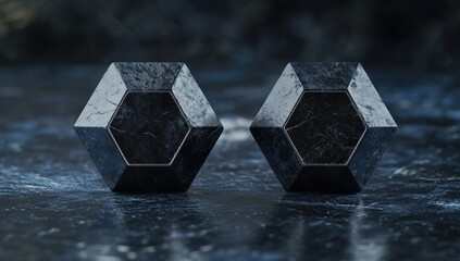 Leinwandbilder - Two hexagonal shapes with a dark metallic finish on a textured surface.