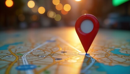 Fototapete - Red map pin marks route location. GPS navigation pointer on city street map. Travel app concept. Find trip destination. Global positioning system. Road map guide.