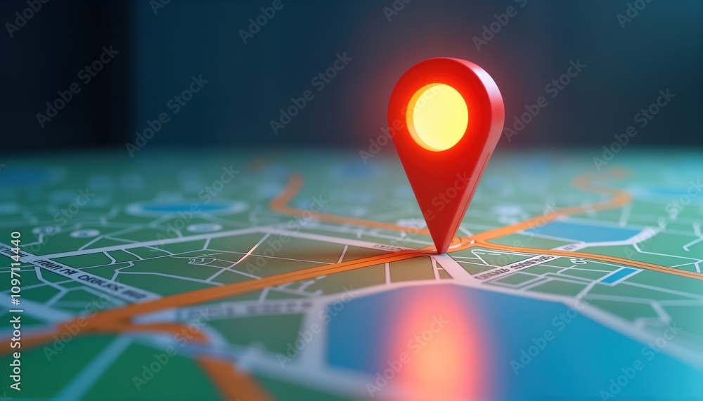 Red GPS pointer marks location on city map. Navigation route app ...