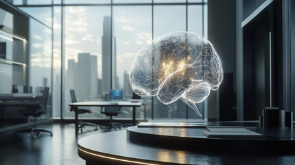 Poster - Hologram of a human brain glowing, representing artificial intelligence in a modern office with a large window and city view