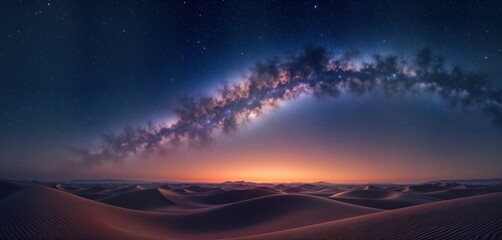 Wall Mural - milky way galaxy over desert dunes at sunset. night sky stars panorama. nature landscape. calm deser
