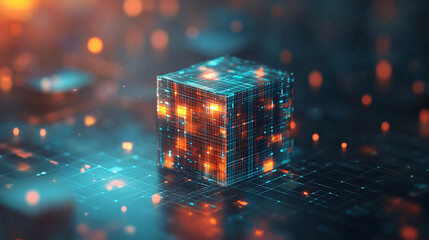 Leinwandbilder - Digital cube casting light on circuit board, representing data processing, ai, and technology's future