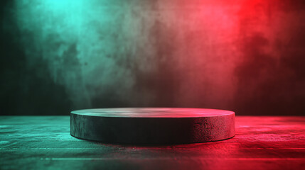 Aufkleber - Black circular platform with teal and red lighting against a smoky backdrop, perfect for showcasing products