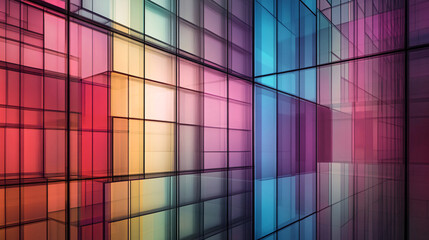 Fototapete - Vibrant glass facade of contemporary building reflects light and forms geometric patterns