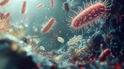 Poster - Microscopic view of various bacteria spreading infection and disease, potentially causing illness or sickness