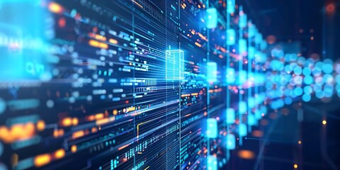Blue digital binary data on computer screen background