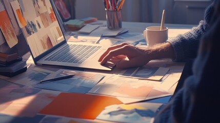 Poster - A person working on a laptop surrounded by design materials and a cup of coffee.
