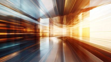Poster - Futuristic glass corridor of modern building with blurred motion and vibrant light trails