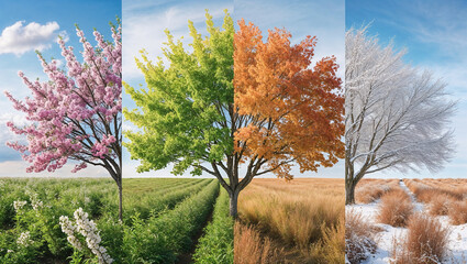 Wall Mural - Four seasons tree collage: Nature's cycle, vibrant transformation