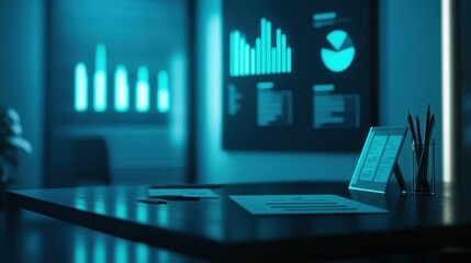 Leinwandbilder - A modern office workspace with digital data displays and a sleek tablet.