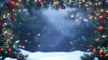 Aufkleber - Christmas garland with red ornaments, pine cones, and glowing lights frames a snowy landscape with falling snow, creating a festive holiday scene