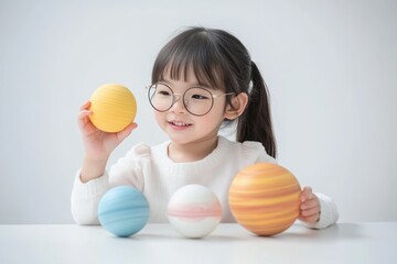 Aufkleber - A young girl with glasses enjoys playing with colorful planet-like balls.