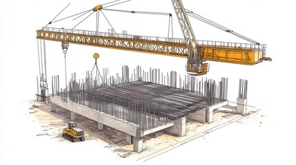 Wall Mural - Detailed illustration of a construction site featuring a large crane and freshly poured concrete structure with reinforcing steel bars being erected for a building project