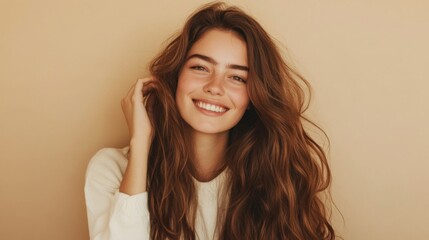 Wall Mural - Stunning Portrait of a Smiling Woman with Long Brown Hair