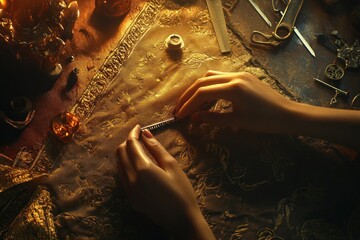 Poster - Hands crafting intricate details on a textured surface, surrounded by various tools and objects.