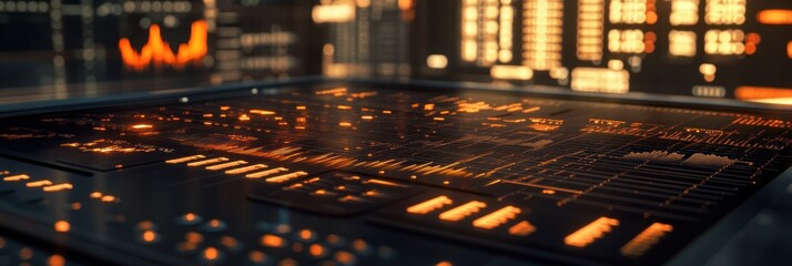 Fototapete - A futuristic control panel with glowing data displays and graphs.