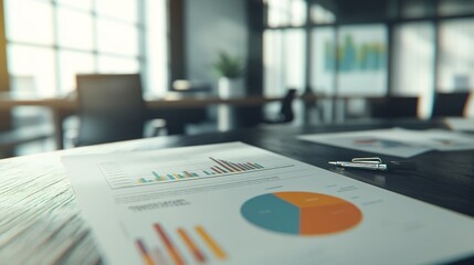 Aufkleber - A business workspace featuring reports with graphs and charts on a wooden table.