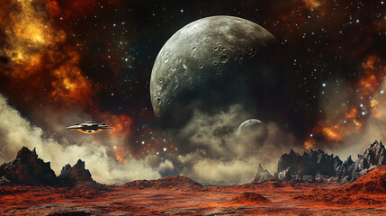 Aufkleber - Spaceship exploring a red rocky planet with large moon, nebula and stars in the background