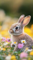 Poster - Soft rabbit amidst spring flowers in a vibrant meadow during golden hour