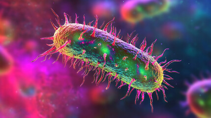 Poster - Microscopic view of rod-shaped bacteria with pili, moving through colorful environment, possibly causing infection