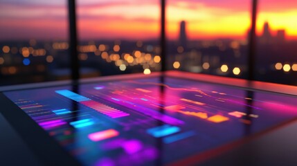 Poster - A futuristic interface displaying data analytics against a sunset city skyline.