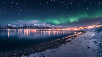 Wall Mural - aurora borealis glowing over snowy mountains and reflecting on arctic sea at night with starry sky