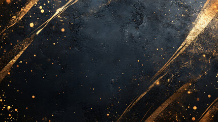 Poster - Luxurious and festive atmosphere created by golden glitter lines crossing a dark textured background with sparkling spots