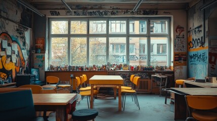 Aufkleber - A creative workspace with colorful chairs and art-filled windows inviting collaboration.