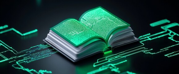 In a futuristic, high-tech setting, a book glowing green and covered in digital binary code represents technology, cyber literature, and advanced learning.