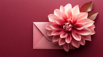 Poster - Minimalist and elegant composition of pink dahlia flower and leaves on a matching envelope against a solid pink backdrop